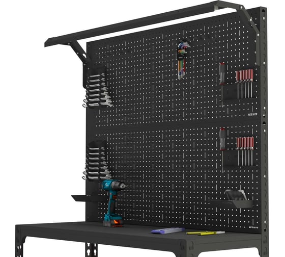Стол-верстак ООО Металекс серия SUN 950x1400x400, одна полка + двойная перфопанель с комплектом освещения, серый 117005