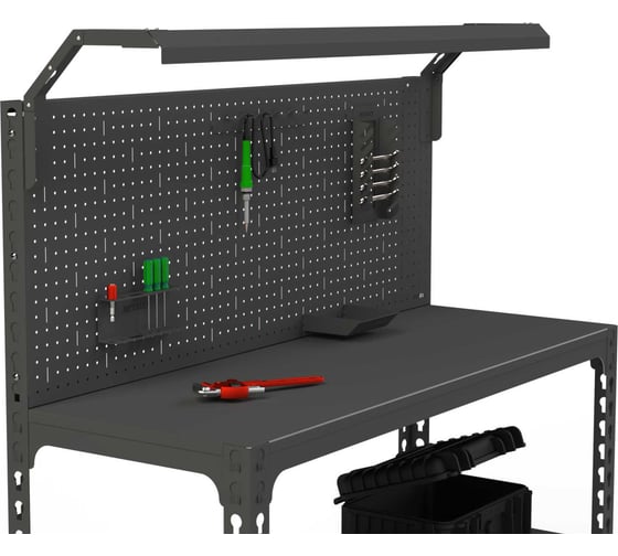 Стол-верстак ООО Металекс серия SUN 950x1400x400, одна полка + перфопанель с комплектом освещения, серый 117032