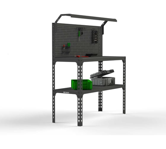 Стол-верстак ООО Металекс серия SUN 950x1200x600 (одна полка + перфопанель с комплектом освещения) серый 117048 1