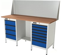 Верстак Runtec серии Standart, 1600мм, фанера, тумба с 4-мя ящиками + тумба с 7-ю ящиками, экран 500, синий (светло-серый) RAL RTS16F-TS4-TS7-P16-5005(7035)