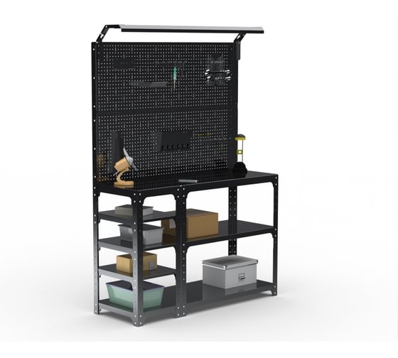 Стол-верстак ООО Металекс серия KIT 950х1700х400, с боковыми полками, 2-мя панелями и комплектом освещения, черный 205709