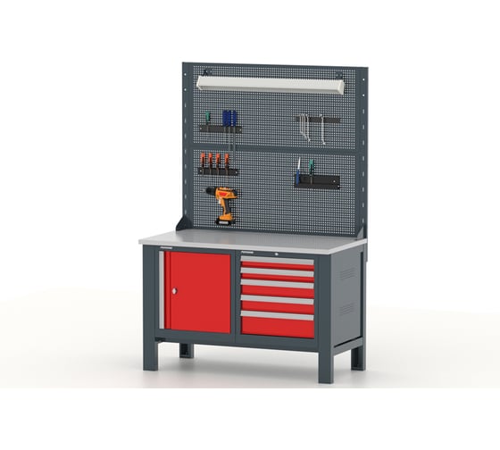 Верстак FERRUM Premium1310х640х1950h мм, Столешница с оцинк. кожухом 1,2 мм. Тумба с дверью, тумба с 5 ящиками 11.3105/2-7016/3000