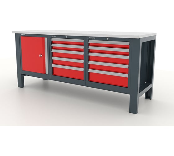 Верстак FERRUM Premium 1880х650х850h мм, Столешница оцинкованная фанера 30 мм, Тумба с дверью, тумба с 5 ящ.-2шт 11.41055-7016/3000