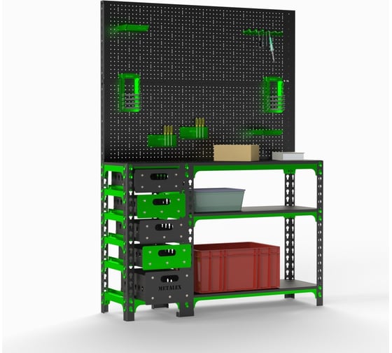 Стол-верстак Metalex c одной тумбой 950x1600x500 + двойная перфопанель с комплектом аксессуаров SVTIPRIIA951650 1