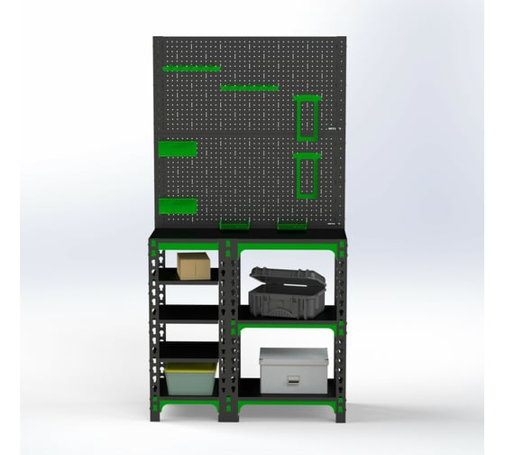 Стол-верстак ООО Металекс 950x1500x500 мм, с боковыми полками, 2 перфопанелями и комплектом аксессуаров SVBPPRIIA951550
