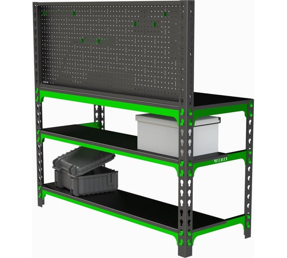 Металлический стол Metalex 750x1300x600 + две полки + перфопанель с комплектом аксессуаров SMMPIIPRIA751360