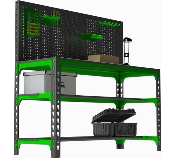 Металлический стол Metalex 750x1300x600 + две полки + перфопанель с комплектом аксессуаров SMMPIIPRIA751360