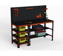 Стол металлический с боковыми полками и перфопанелью ООО Металекс 750x1400x600 мм, оранжево-чёрный SBFO751460