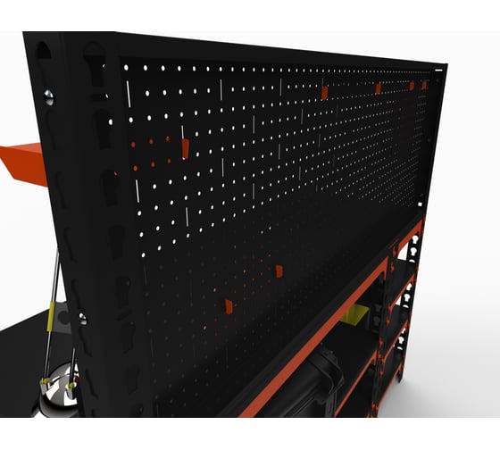 Стол металлический с боковыми полками и перфопанелью ООО Металекс 750x1200x500 мм, оранжево-чёрный SBFO751250