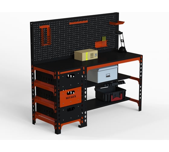 Металлический стол ООО Металекс 750x1600x600 мм, с выдвижными ящиками и перфопанелью оранжево-чёрный SBYFO751660 1