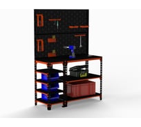 Стол-верстак Metalex 950x1800x500 мм с боковыми полками, двумя перфопанелями и комплектом аксессуаров, оранжево-черный ООО Металекс 111045