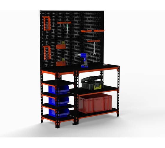 Стол-верстак ООО Металекс 950x1000x600 с бок. полками, двумя перфопанелями и комп. аксессуаров оранжево-чёрный 111046 1