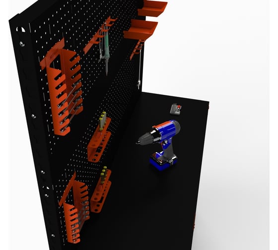 Стол-верстак ООО Металекс 950x1700x600 с бок. полками, двумя перфопанелями и комп. аксессуаров оранжево-чёрный 111053
