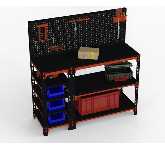 Стол-верстак ООО Металекс 950x1400x400 с бок. полками, перфопанелью и комп. аксессуаров оранжево-чёрный 111005 1