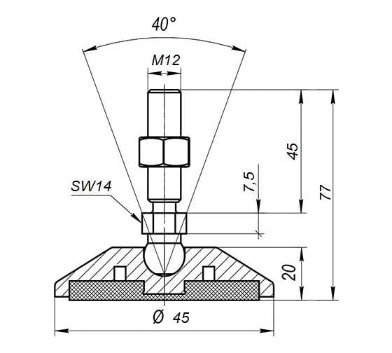 Шарнирная опора Алтервиа антискользящая, M12x45 до 800 кг A00023.11104512045