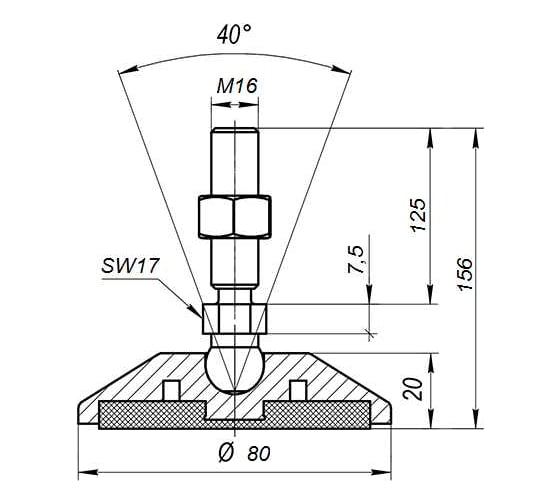 Шарнирная антискользяща опора Алтервиа M16x125 до 900 кг A00023.11108016125