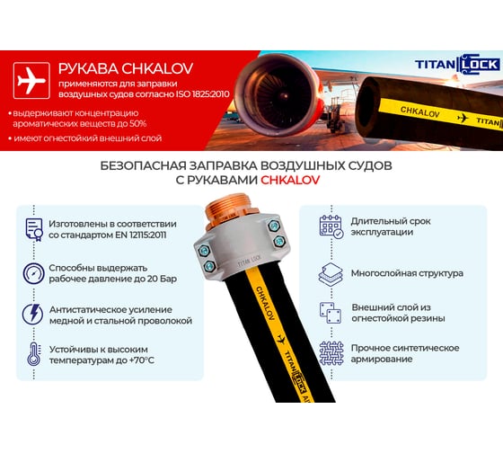 Напорно-всасывающий рукав для авиа топлива TITAN LOCK CHKALOV, нап-всас, d=76 мм, -30C, 20 Бар, 50 м TL076CK_50