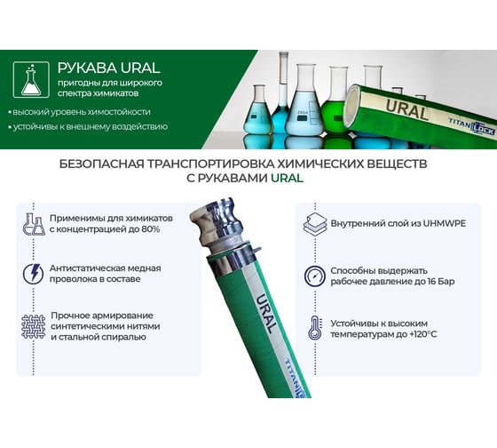 Химостойкий напорно-всасывающий рукав TITAN LOCK 4in «URAL» внутренний диаметр 100 мм, 16 Бар, UHMWPE, 30 м TL100UR_30