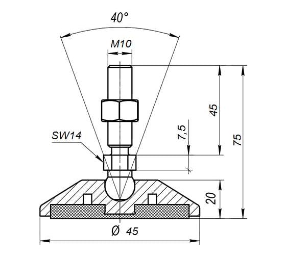 Антискользящая шарнирная опора Алтервиа M10x45 до 500 кг A00023.21204510045