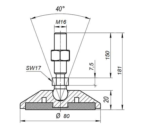 Антискользящая шарнирная опора Алтервиа M16x150 до 900 кг A00023.21208016150