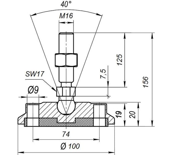 Антискользящая шарнирная опора Алтервиа M16x125 до 900 кг A00024.11110016125