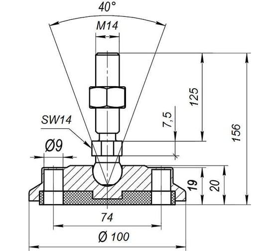 Антискользящая шарнирная опора Алтервиа M14x125 до 900 кг A00024.11110014125