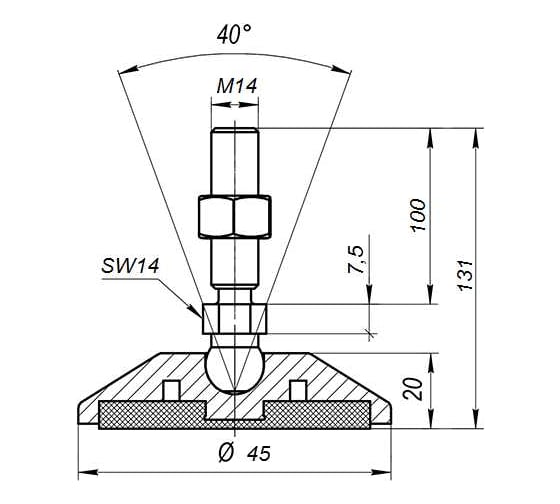 Антискользящая шарнирная опора Алтервиа серая M14x100 до 900 кг, нержавеющая сталь A00023.22204514100