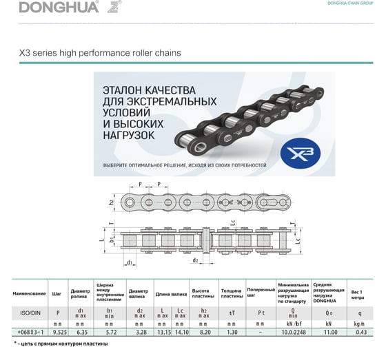 Цепь DONGHUA 06B-1 серии X3 DH (526 зв.) (ПР-9,525-9,1) 5,010м 7657