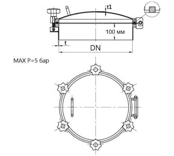 Люк круглый ТПК «Московия» DN500x100 мм, давление до 5 бар, уплотнение EPDM, AISI304, 10 ручек ЛК-500епдм