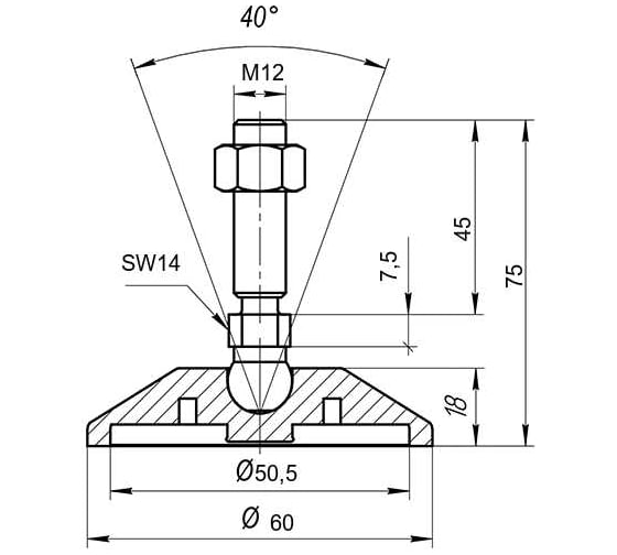 Регулируемая опора серая Алтервиа M12x45 до 800 кг, нержавеющая сталь, упаковка 4 штуки A00021.2206012045.4
