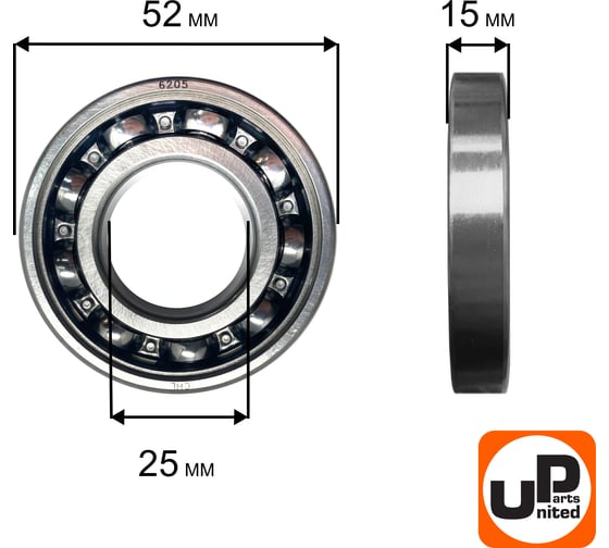 Шариковый подшипник UNITED PARTS 6205 сепаратор металл (открытый) 90-0461