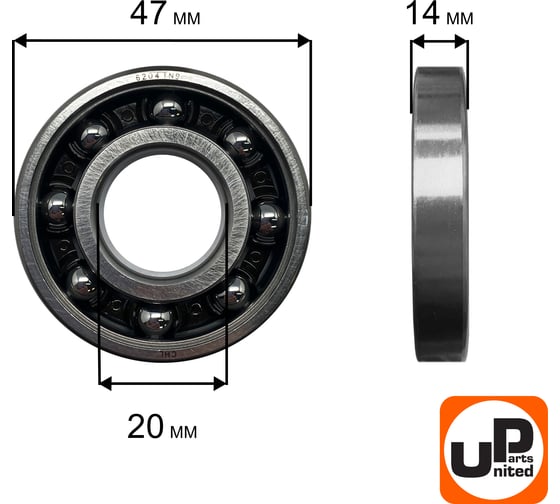Шариковый подшипник UNITED PARTS 6204-TN9 пластиковый сепаратор (к/вала правый для TS500/700/800 аналог 95030030540) 90-0457