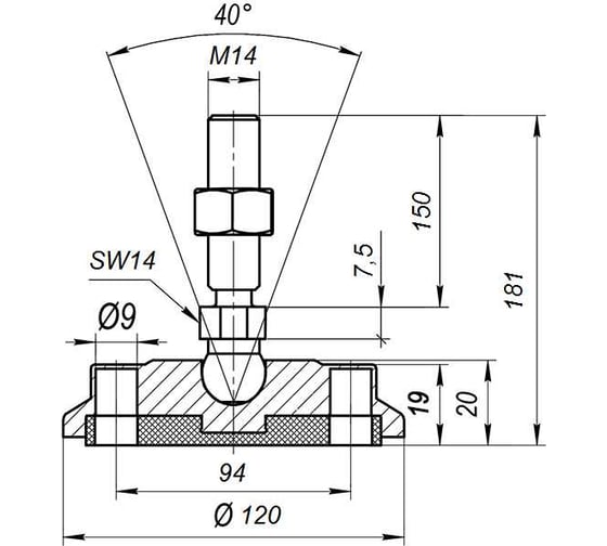Опора шарнирная антискользящая АЛТЕРВИА серая, M14x150, до 900 кг, нержавеющая сталь A00024.22212014150