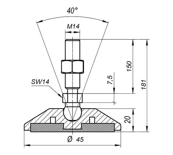 Опора шарнирная антискользящая АЛТЕРВИА серая, M14x150, до 900 кг, нержавеющая сталь A00023.22204514150