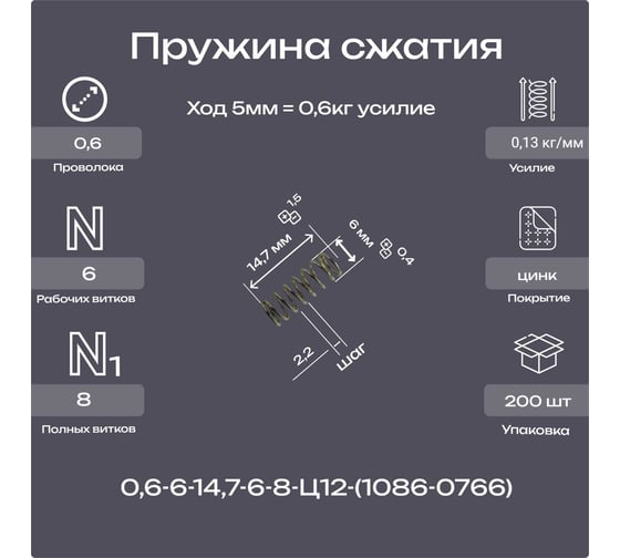 Пружина Пружины.рф 0,6-6-14,7-6-8-Ц12ХР-(1086-0766 ГОСТ 18793-78) (упаковка 200шт) PRFGOST0766UP200