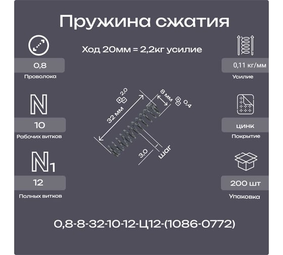Пружина Пружины.рф 0,8-8-32-10-12-Ц12ХР-(1086-0772 ГОСТ 18793-78) (упаковка 200шт) PRFGOST0772UP200