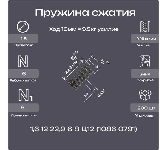 Пружина Пружины.рф 1.6-12-22.9-6-8-Ц12ХР (1086-0791 ГОСТ 18793-78) 200 шт PRFGOST0791UP200