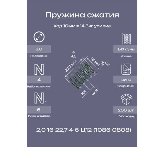 Пружина Пружины.рф 2,0-16-22,7-4-6-Ц12ХР-(1086-0808 ГОСТ 18793-78) (упаковка 200шт) PRFGOST0808UP200