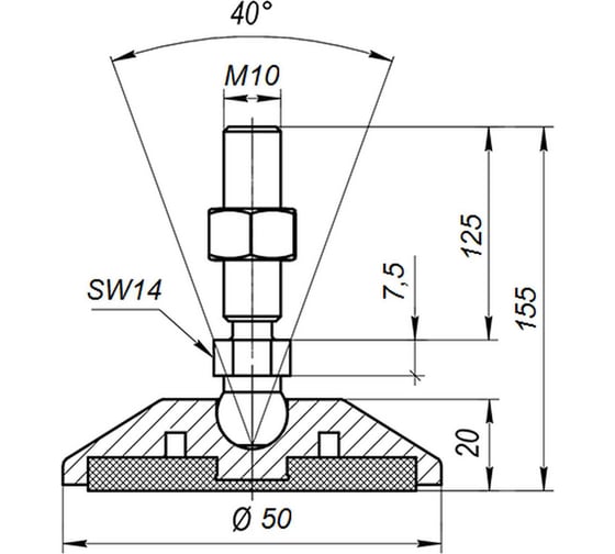 Опора шарнирная антискользящая серая M10x125 до 500 кг нерж.сталь  Арт.  (упаковка 4 штуки) Алтервиа A00023.22205010125.4