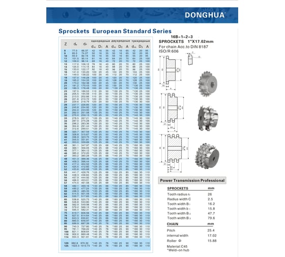 Звездочка со ступицей под расточку DONGHUA 16B-2 Z-16 с калеными зубьями для цепи с шагом 25,4мм (16В-2) 16B-2BH16 5791 1
