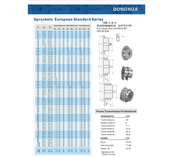 Звездочка со ступицей под расточку DONGHUA 12B-1 Z-17 с калеными зубьями для цепи с шагом 19,05мм (ПР-19,05-60 / 12В-1 / 12А-1) 12B-1BH17 0745 1