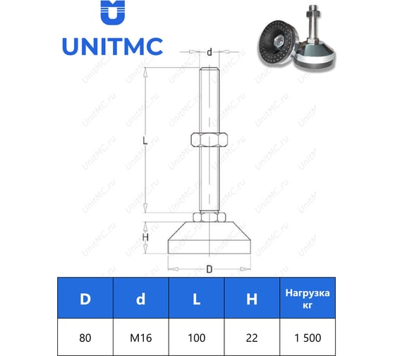 Винтовая регулируемая опора UnitMC (основание сталь, винт сталь) 400204 80хМ16х100