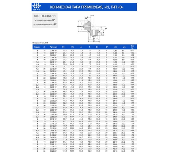 Коническая пара прямозубая EMT тип В, i=1:1, М=1, Z=19/19 C26B191 1