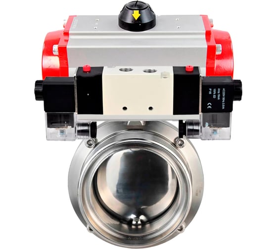 Затвор DN.ru дисковый 304-304-EPDM-2W-T-H Ду100 Ру10 пищевая нержавеющая сталь, пневмопривод, пневмораспределитель D050-76919 1