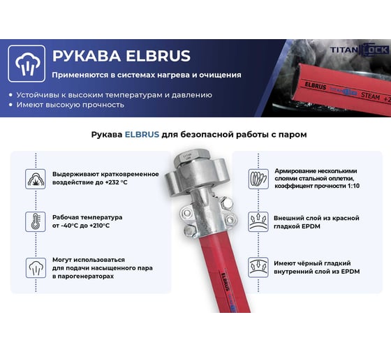 Рукав для пара TITAN LOCK 0,63in, «ELBRUS», внутр. диам. 16мм, 18bar, + 210 град, TL016EL 40 м. TL016EL_40