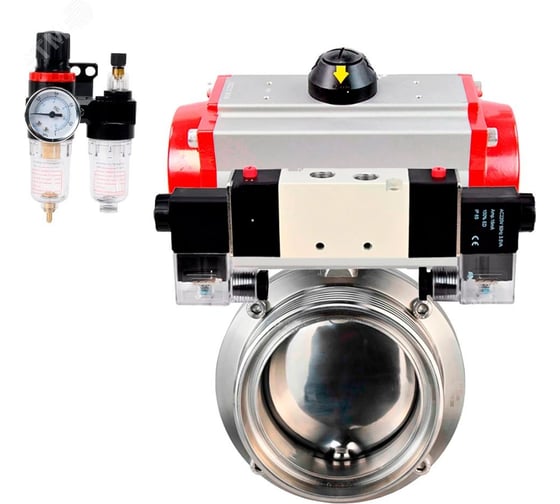 Затвор DN.ru 304-304-EPDM-2W-T-H Ду40 Ру10, с пневмоприводом DA-065, пневмораспределитель PND1-T08-220VAC NAMUR, БПВ D050-110434 1