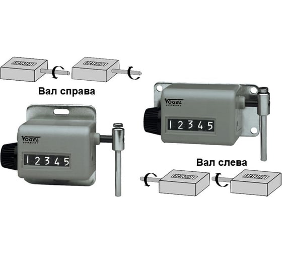 Счетчик числа оборотов механический Vogel 500 об/мин., 5 цифр, вал слева, лев. вращ, с рычагом, плата 60х29 *с калибровкой 477008 К