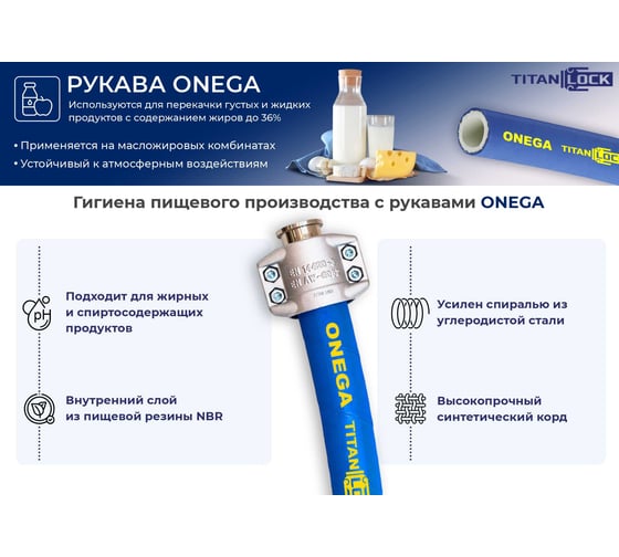 Пищевой рукав для жирных продуктов TITAN LOCK 1in «ONEGA» внутренний диаметр 25 мм, 10 Бар, NBR, напорно-всасывающий, 5 метров TL025ON_5