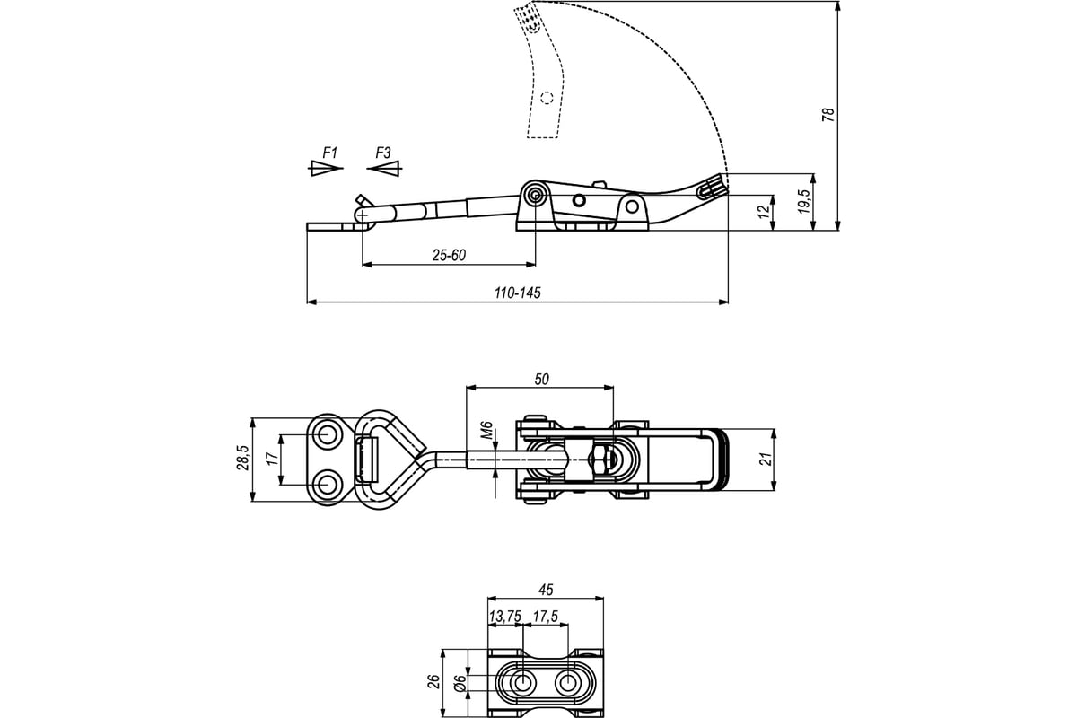 Натяжная регулируемая защелка с проушиной и скобой Kukamet 361-2-t