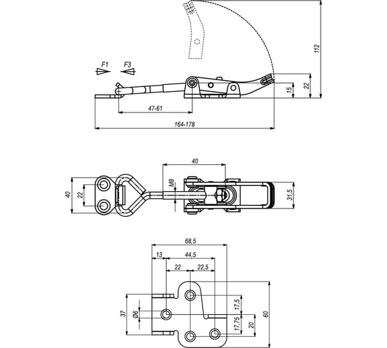 Натяжная защелка KUKAMET, усилие 255 кг 361-3-K